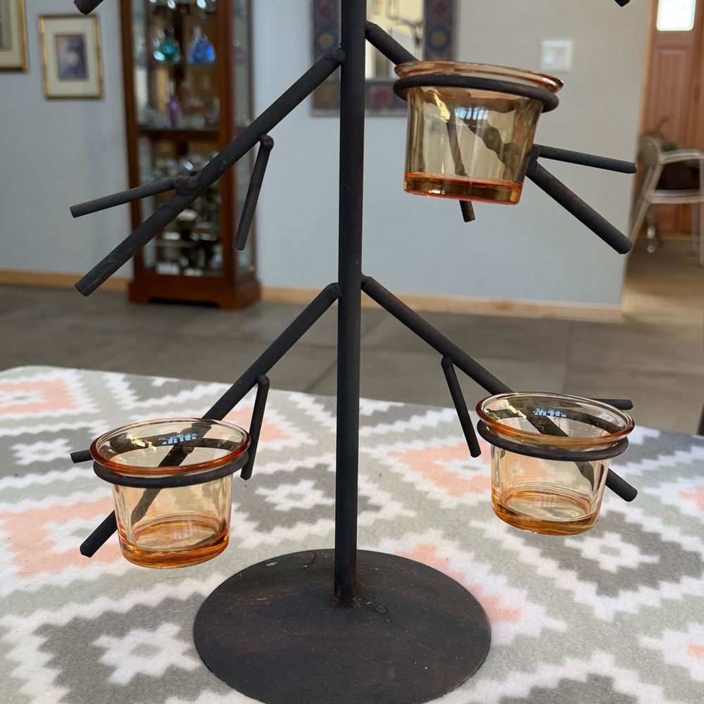 Black Metal Candle Holder Tree with Amber Glass Cups - Picture 2 of 7